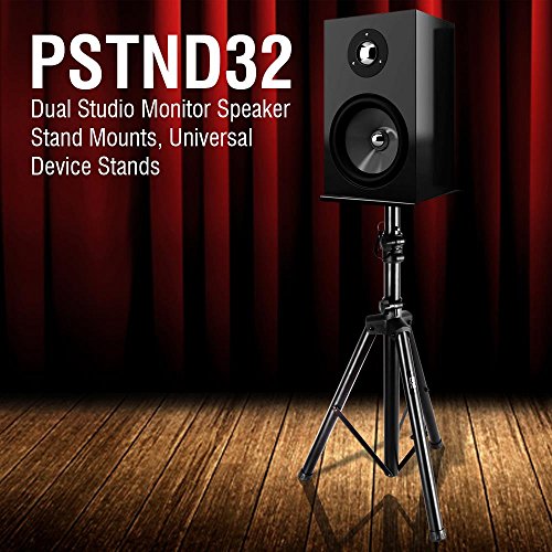 Pyle Dual Studio Monitor 2 Speaker Stand Mount Kit - Heavy Duty Tripod Pair and Height Adjustable from 34" to 53" W/Metal Platform Base - PSTND32, Black