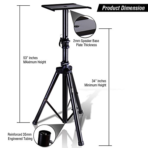 Pyle Dual Studio Monitor 2 Speaker Stand Mount Kit - Heavy Duty Tripod Pair and Height Adjustable from 34" to 53" W/Metal Platform Base - PSTND32, Black