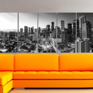 BoxColors - XLARGE 30"x 70" 5 Panels 30"x14" Ea Art Canvas Print Houston Texas skyline Black & white Wall Home decor (framed 1.5" depth)