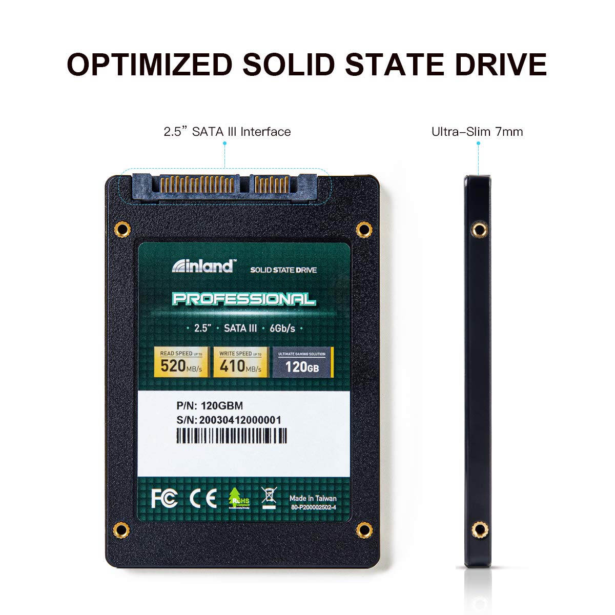 INLAND Professional 120GB SSD 3D NAND SATA III 6Gb/s 2.5" 7mm Internal Solid State Drive (120GB)