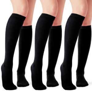 Joulli Women's Knee High Athletic Socks Stripe Tube Outdoor Sport Socks 3 Pairs, Black