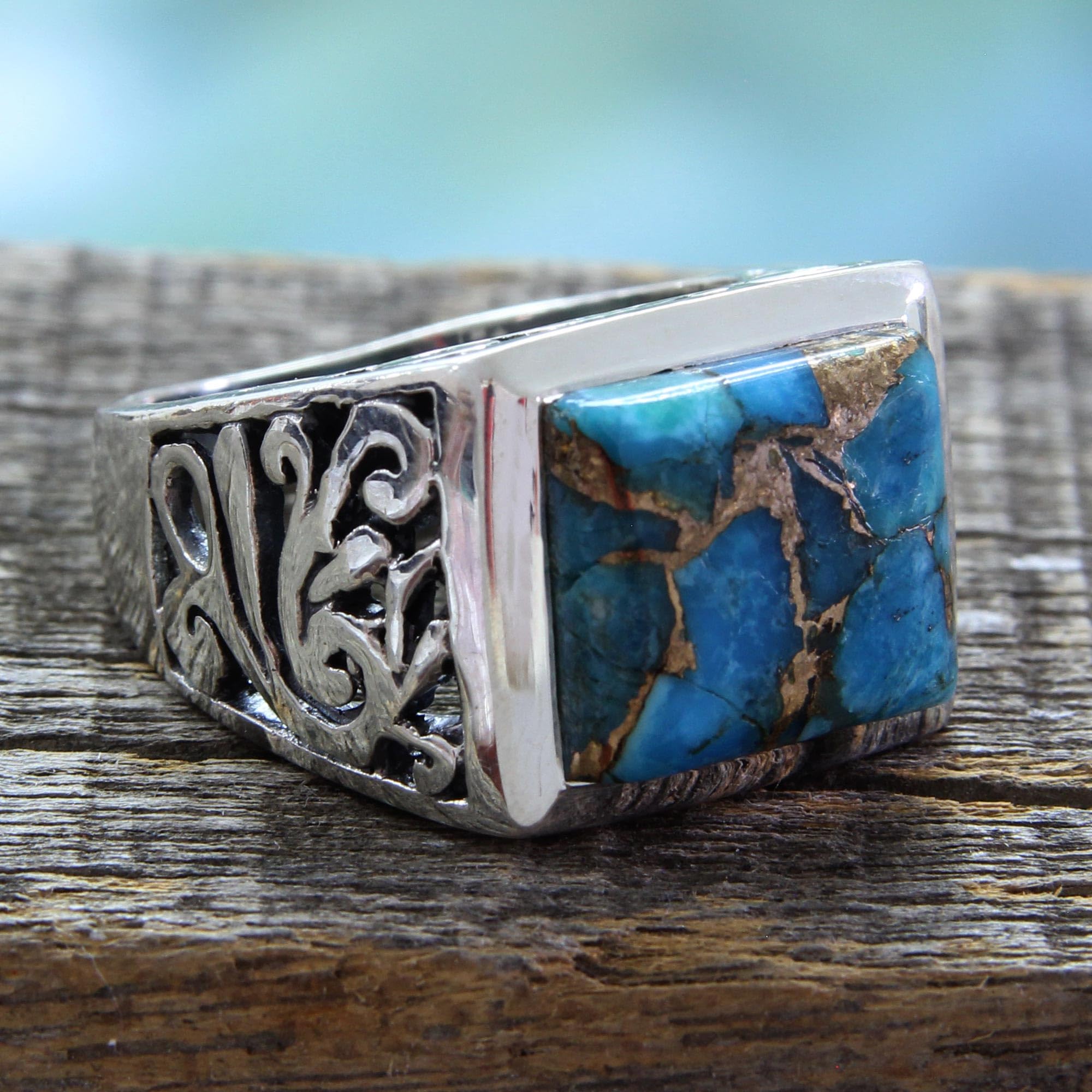 NOVICA Artisan Handmade .925 Sterling Silver Ring Crafted Composite Turquoise Reconstituted Blue Single Stone India 'Fascination'