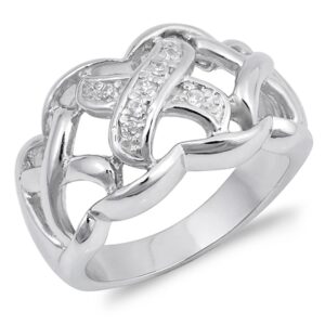 Clear CZ Polished Criss Cross Filigree Ring .925 Sterling Silver Band Size 9