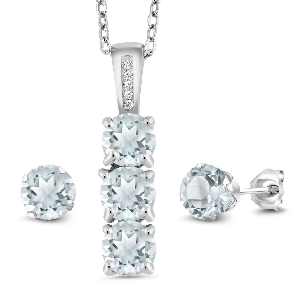 Gem Stone King 925 Sterling Silver 5MM Gemstone Birthstone and White Diamond 3-Stone Pendant and Earrings Jewelry Set For Women | With 18 Inch Chain