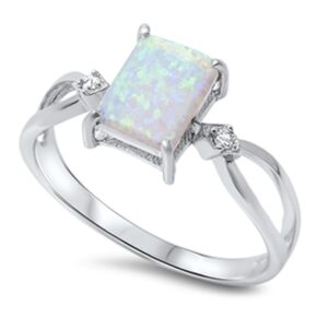 White Simulated Opal Criss Cross Square Solitaire Ring Sterling Silver Band Size 8