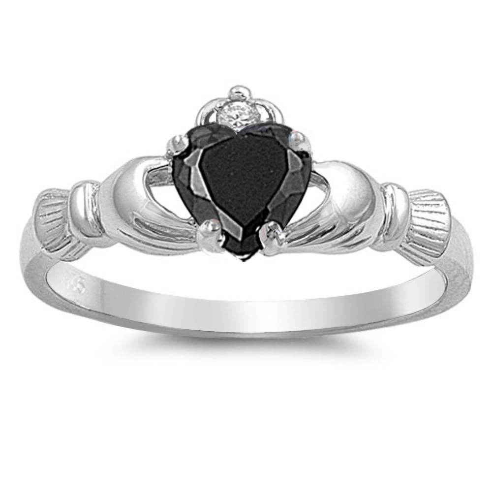 Black Simulated CZ Unique Elegant Claddagh Ring New .925 Sterling Silver Band Size 10