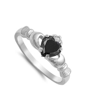 Black Simulated CZ Unique Elegant Claddagh Ring New .925 Sterling Silver Band Size 10