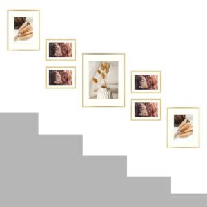 Golden State Art, 7 Pack, One 11x14, Two 8x10, and Four 5x7 Pictures. Aluminum Photos Frame for Wall or Tabletop Display (Gold)