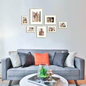 Golden State Art, 7 Pack, One 11x14, Two 8x10, and Four 5x7 Pictures. Aluminum Photos Frame for Wall or Tabletop Display (Gold)