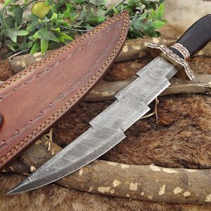 15 Inches long Damascus Steel Hunting Knife, 10" long custom made Hand Forged Damascus steel zig zag blade, Bull horn with engraved brass scale and finger guard, Cow hide Leather Sheath with belt loop