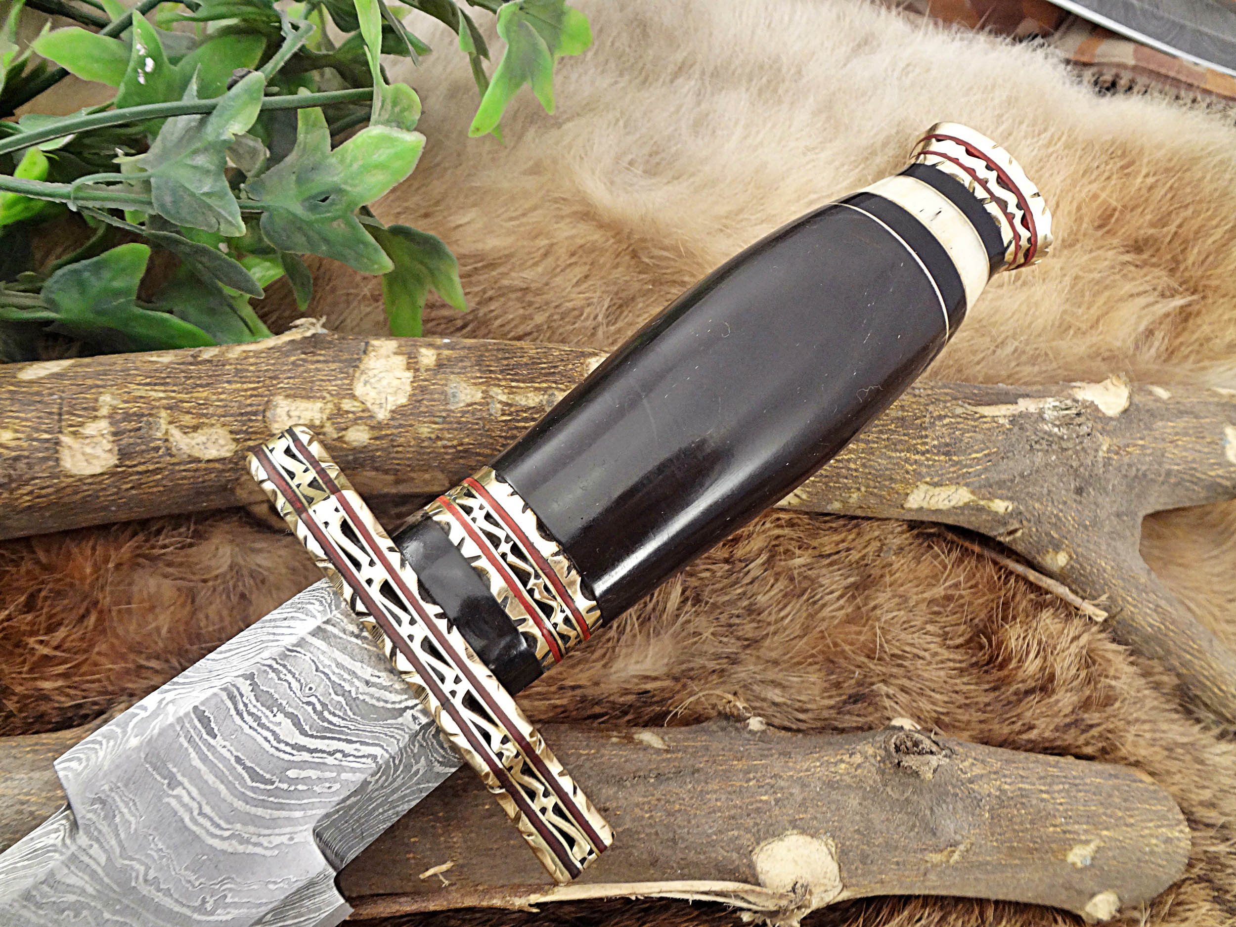 15 Inches long Damascus Steel Hunting Knife, 10" long custom made Hand Forged Damascus steel zig zag blade, Bull horn with engraved brass scale and finger guard, Cow hide Leather Sheath with belt loop