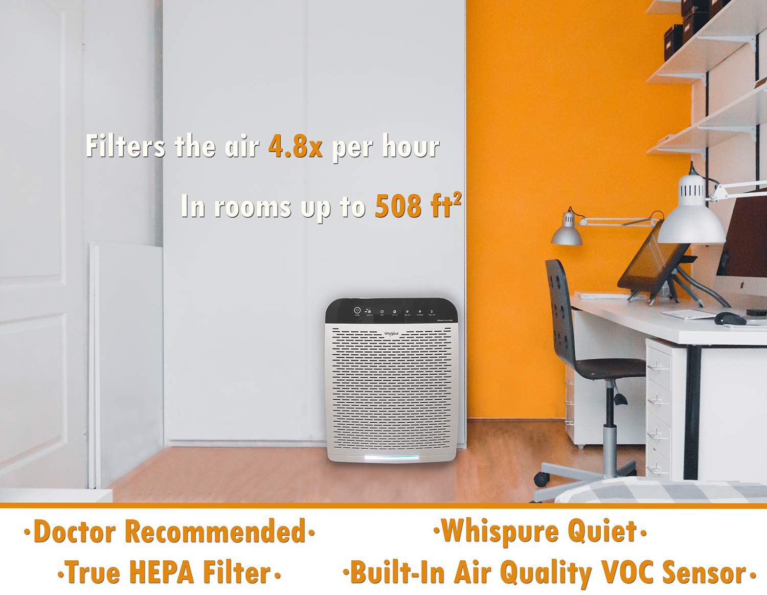 Whirlpool WPPRO2000P Whispure True Hepa Air Purifier, Activated Carbon, 508 Sq Ft, Smart Auto Mode, Ideal for Allergies, Odors, Pet Dander, Mold, Smoke, Wildfire, Germs - Pearl White