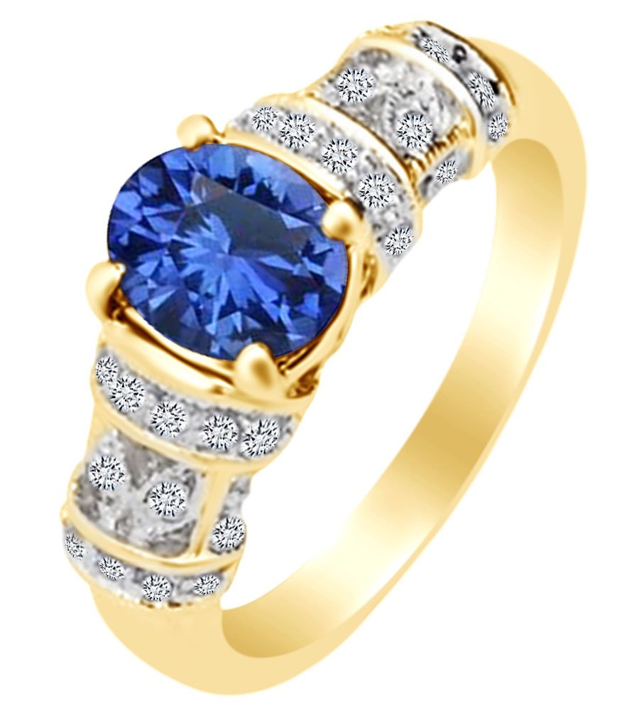 Oval Cut Simulated Blue Sapphire & Round Cut White Simulated Diamond Engagement Wedding Ring In 14k Yellow Gold Plated 925 Sterling Silver (1.25 cttw) Ring Size-8