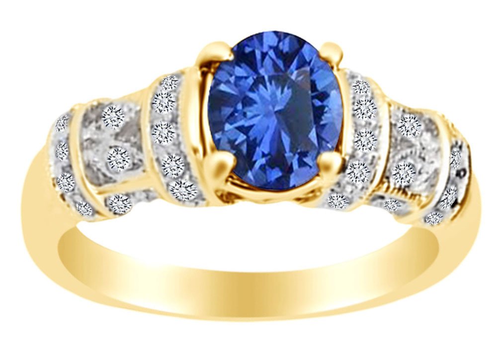 Oval Cut Simulated Blue Sapphire & Round Cut White Simulated Diamond Engagement Wedding Ring In 14k Yellow Gold Plated 925 Sterling Silver (1.25 cttw) Ring Size-8