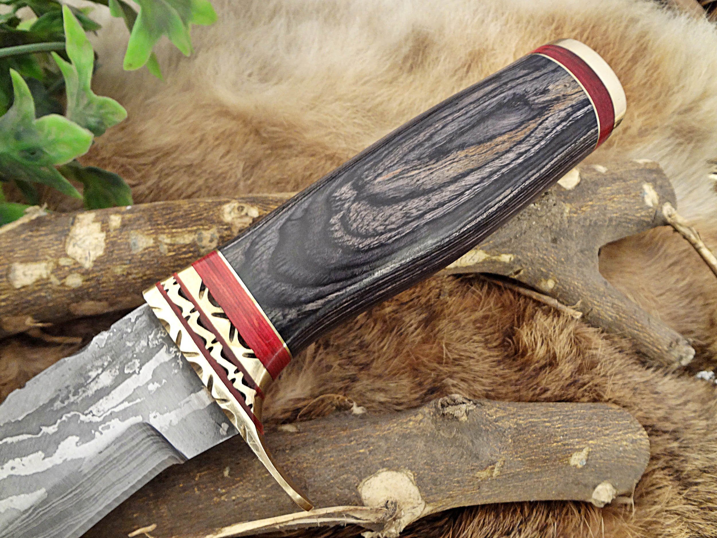 Damascus Steel Hunting Bowie Knife 14.5 Inches Custom Made Hand Forged with 10" Blade, 2 Tone Green Wood with Engraved Brass Scale, Thick Cow Hide Leather Sheath with Belt Loop (Black)