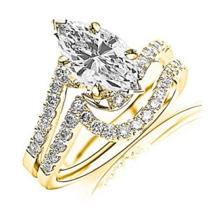 14k yellow gold 1.17 ctw curving pave & prong-set round diamond engagement ring and wedding band set w/ 0.9 ct gia certified marquise cut g color si1 clarity center