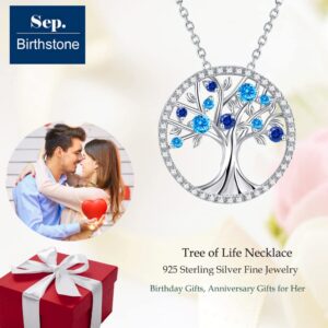 Tree of Life Jewelry for Wife Mom Birthday Gifts September Birthstone Blue Sapphire Necklace Jewelry Her Sterling Silver Necklace