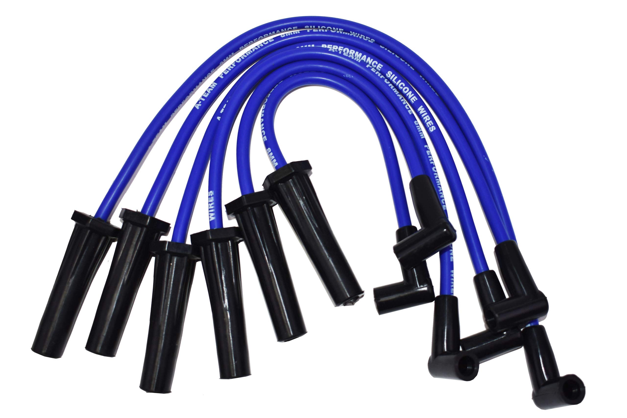 A-Team Performance - 8.0 mm Silicone Spark Plug Wires with Black 90-Degree Boot for HEI Distributor - Compatible with Ford Truck 6 Cylinder 250 300 4.9L Blue