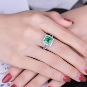 Lanmi Beautiful Natural Green Emerald Diamonds Engagement Ring Solid 14K White Gold Wedding Rings for Ladies Women Promotion