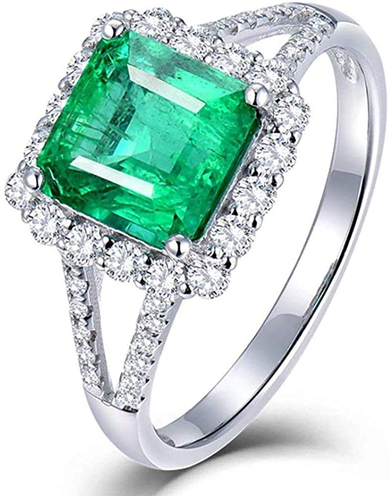 Lanmi Beautiful Natural Green Emerald Diamonds Engagement Ring Solid 14K White Gold Wedding Rings for Ladies Women Promotion