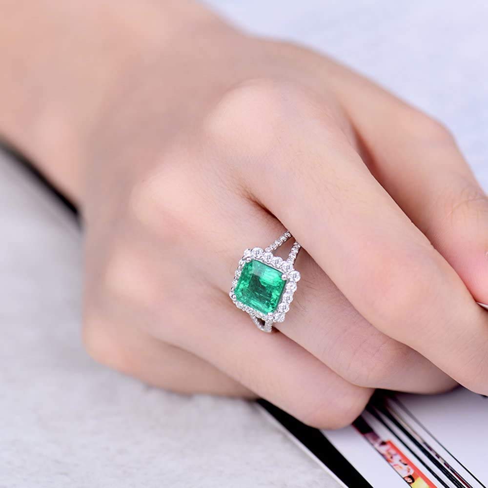 Lanmi Beautiful Natural Green Emerald Diamonds Engagement Ring Solid 14K White Gold Wedding Rings for Ladies Women Promotion