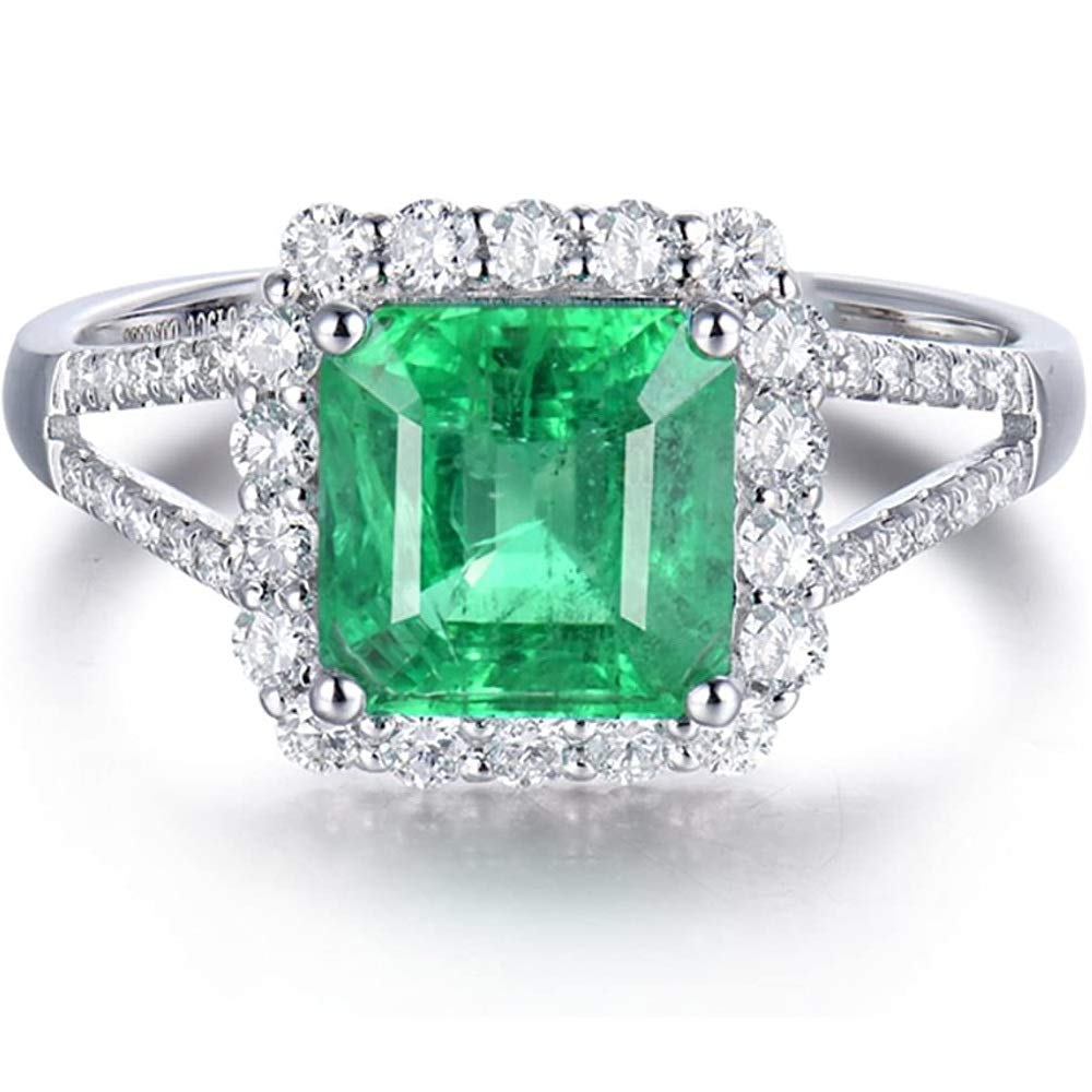 Lanmi Beautiful Natural Green Emerald Diamonds Engagement Ring Solid 14K White Gold Wedding Rings for Ladies Women Promotion