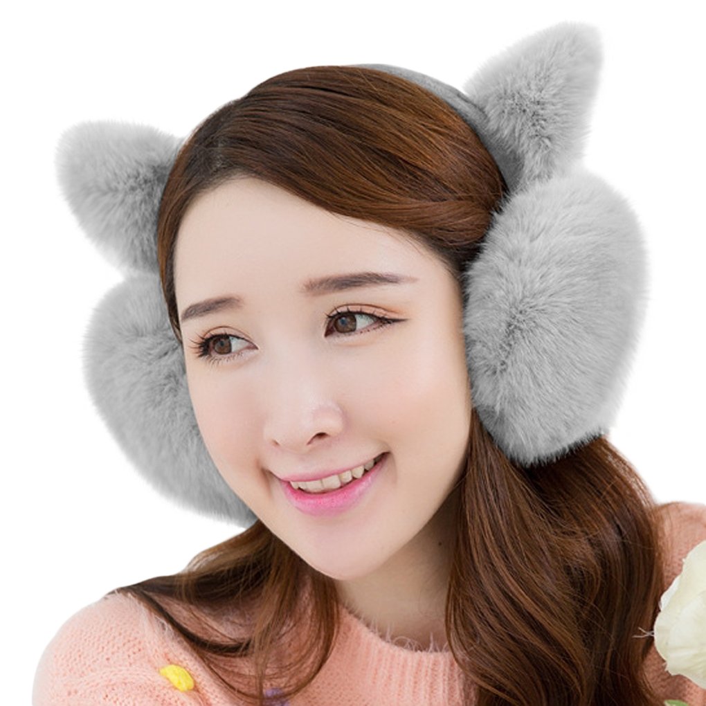 Lovely Cat Ear Foldable Earmuffs, Women Girls Cozy Furry Fur Winter Thermal Ear Warmers Earflap Adjustable Outdoor Soft Fleece Plush Warm Ear Covers Earmuff Running Cycling Ski Snow Ear Muffs Headband