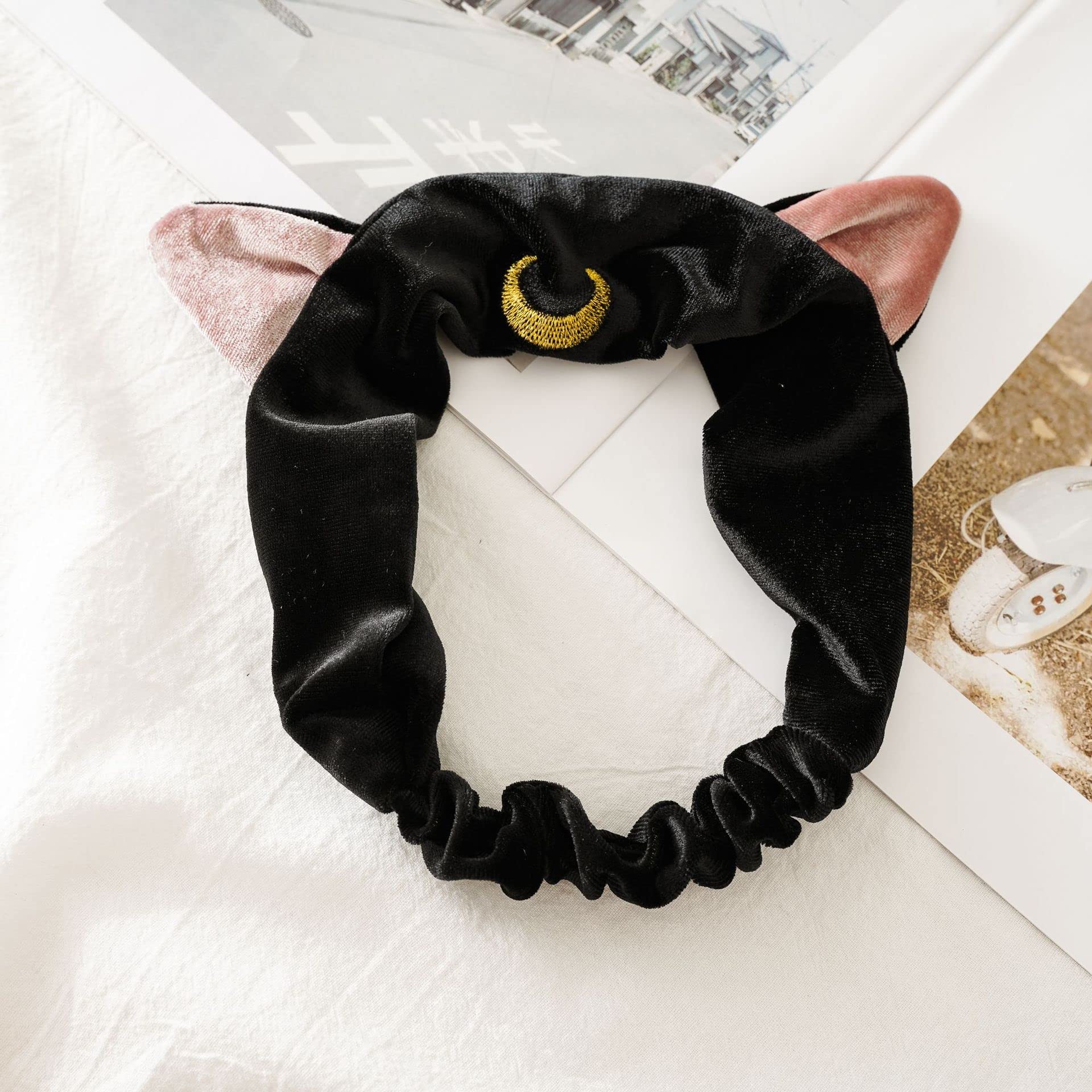 Ziper Cute Cat Usagi Moon Cosmetic Hairband shower headband (Black)