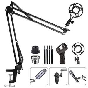 Eastshining Upgraded Adjustable Microphone Suspension Boom Scissor Arm Stand with Shock Mount Mic Clip Holder 3/8'' to 5/8'' Screw Adapter -for Blue Yeti, Snowball & Other Microphones