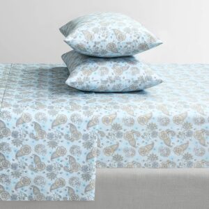 Feather & Stitch Softest 100% Cotton Sheets, 300 Thread Count Percale Weave Bedding, 16" Deep Pocket, Cooling Sheets, Breathable Bed Set, Hotel Premium Quality (King, Aqua Paisley)