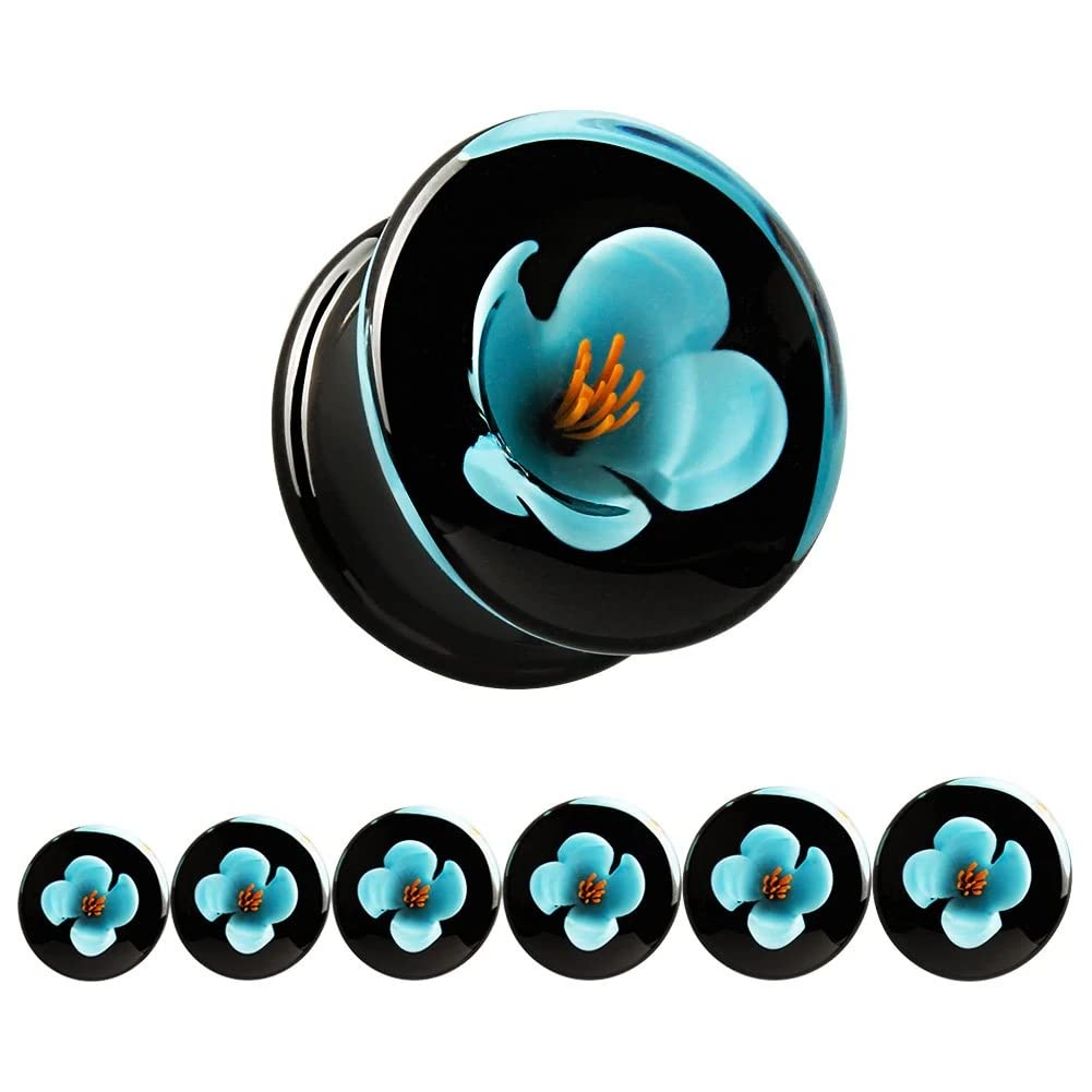 KUBOOZ(1 Pair Glass-handmade Blue Flower Ear Plugs Tunnels Gauges Stretcher Piercings 00g to 5/8"