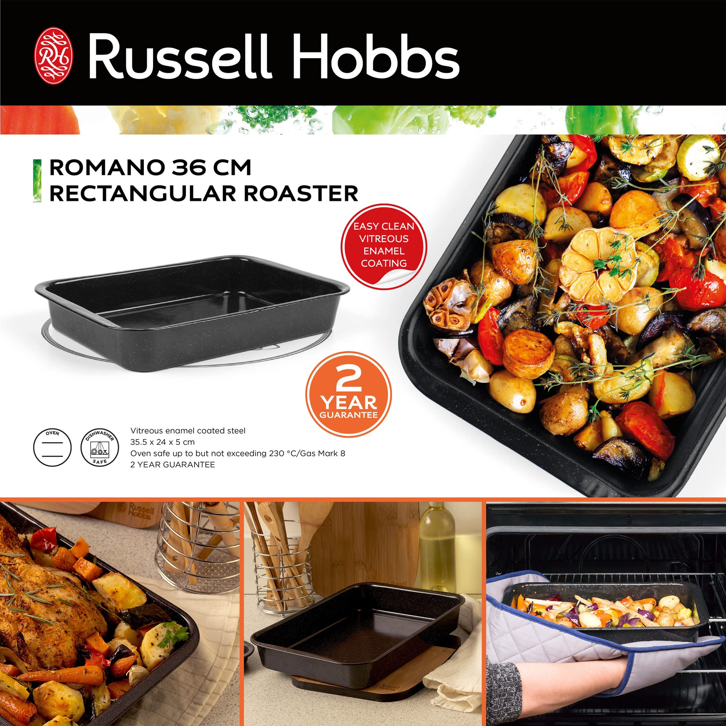 Russell Hobbs CW12611 Romano Vitreous Enamel Roaster, 36 cm, Black