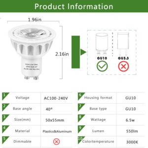 SZGMJIA GU10 LED Bulbs, LEDMEI 6 Pack GU10 Led Light Bulbs, 50W Halogen Bulb Equivalent, 120 Volt, 6.5W 550lm, 3000K Warm White, 40° Beam Angle Spotlight, UL Listed, Non-Dimmable