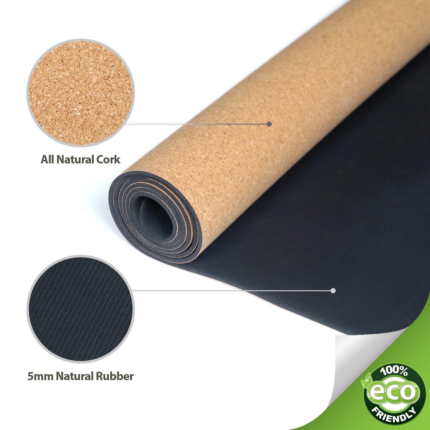 AURORAE PRO Natural Cork/Rubber Yoga Mat. 73" x 24 1/2" x 5mm Thick. Anti Tear and Slip Free