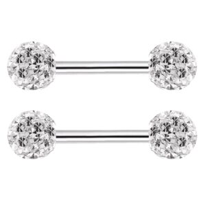 ZHIYAOR Never Fall out Crystal 14G Studs Nipple Rings Piercing Barbell Anti-allergy Surgical Steel Pairs (White)