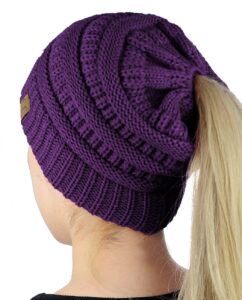 c.c beanietail soft stretch cable knit messy high bun ponytail beanie hat, purple