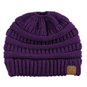 C.C BeanieTail Soft Stretch Cable Knit Messy High Bun Ponytail Beanie Hat, Purple