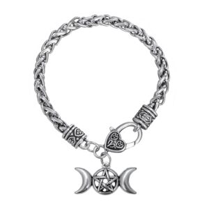 triple moon goddess amulet wicca pentagram wheat chain bracelet for women men pagan jewelry