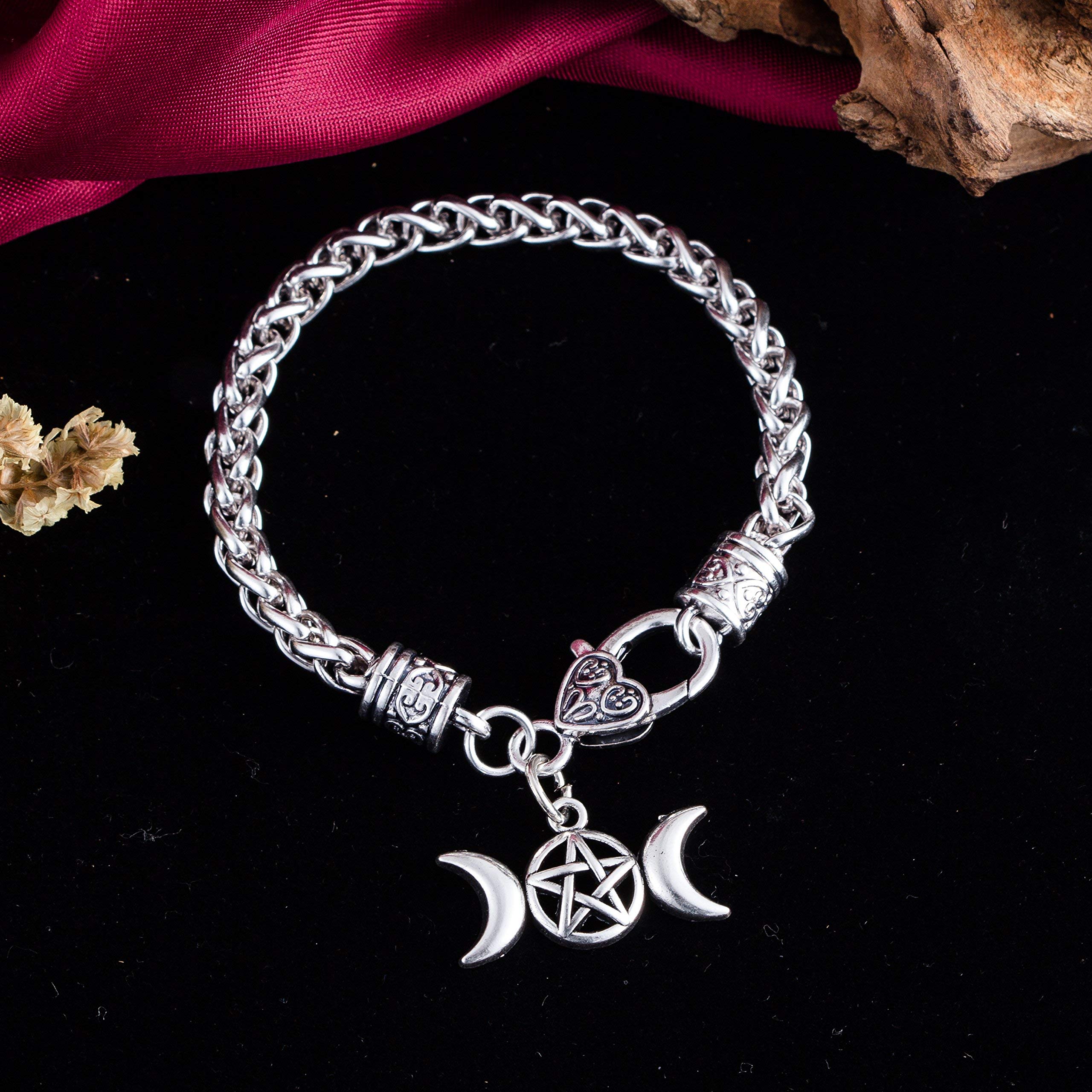 Triple Moon Goddess Amulet Wicca Pentagram Wheat Chain Bracelet for Women Men Pagan Jewelry