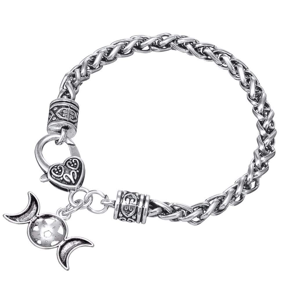 Triple Moon Goddess Amulet Wicca Pentagram Wheat Chain Bracelet for Women Men Pagan Jewelry