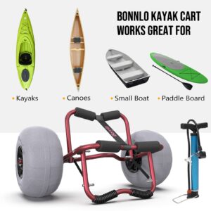 Bonnlo Kayak Cart Trolley Canoe Paddle Board Boat Cart Carrier Dolly with 12" Big Beach Wheels Balloon Kayak Transport Wheels Cart Foldable, Free Pump, 2 Ratchet Straps- Perfect for Soft Sand (Red)