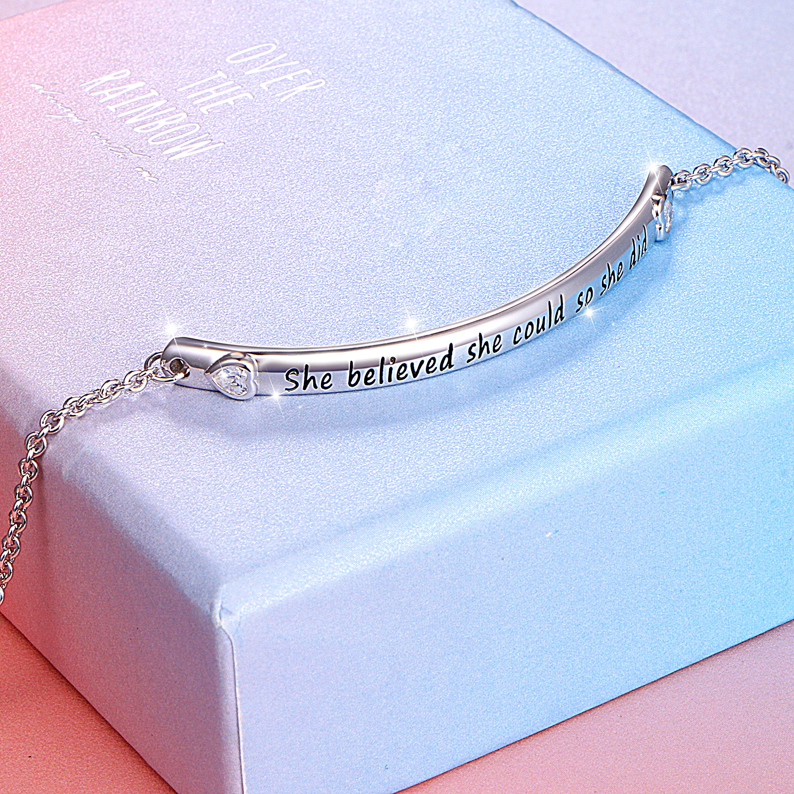 DAOCHONG Sterling Silver Engraved Inspirational Adjustable Bracelet “She Believed She Could So She Did” Gift for Her, Women, Friendship