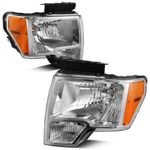 autosaver88 headlight assembly compatible with 2009-2014 ford f150 pickup oe direct replacement headlamp chrome housing clear lens with chrome trim