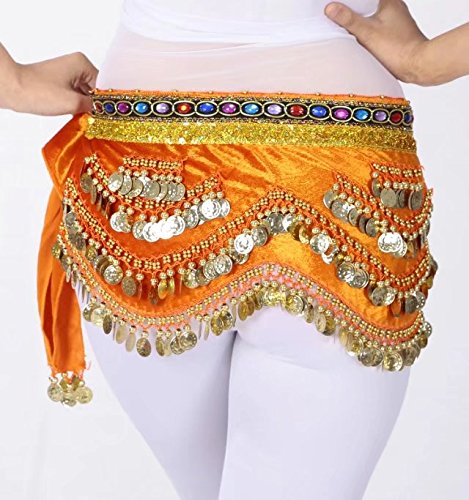 ZLTdream Belly Dance Belt Wave Shape Hip Scarf With Gold Coins Orange