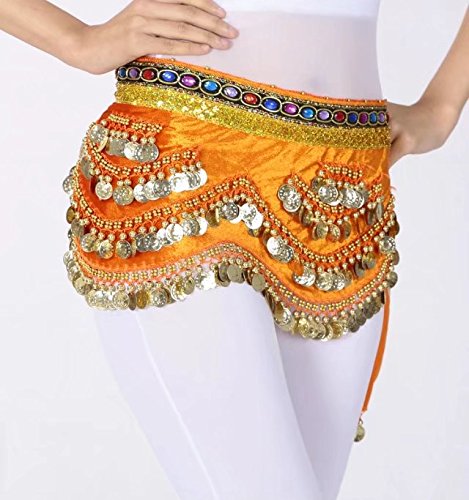 ZLTdream Belly Dance Belt Wave Shape Hip Scarf With Gold Coins Orange