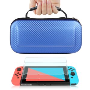 tjs case for nintendo switch with [2 pack tempered glass screen protector] carbon fiber texture hard travel carrying case shell carry pouch - blue