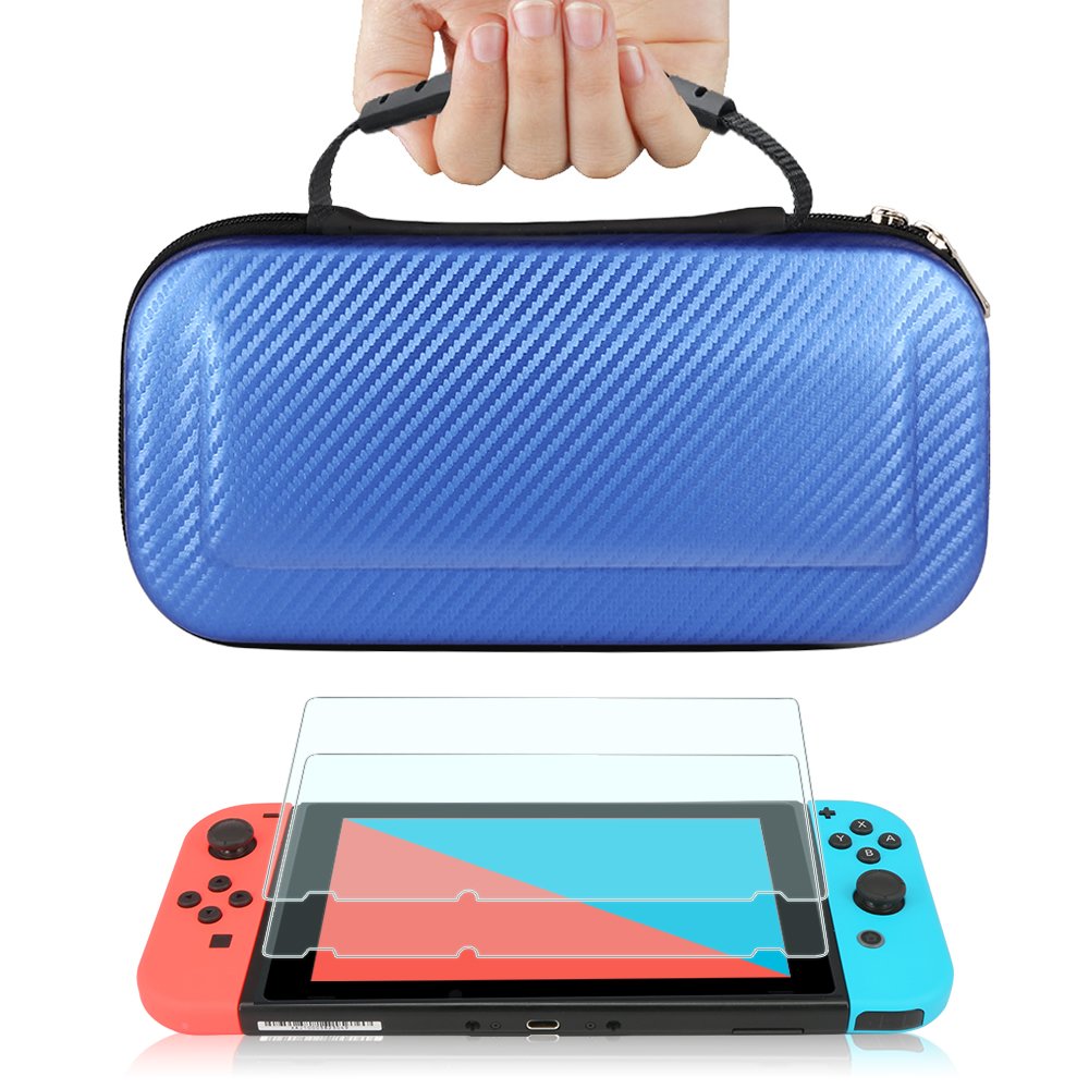 TJS Case for Nintendo Switch with [2 Pack Tempered Glass Screen Protector] Carbon Fiber Texture Hard Travel Carrying Case Shell Carry Pouch - Blue