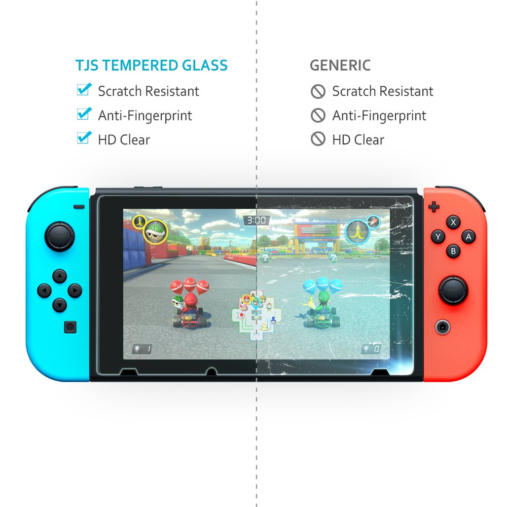 TJS Case for Nintendo Switch with [2 Pack Tempered Glass Screen Protector] Carbon Fiber Texture Hard Travel Carrying Case Shell Carry Pouch - Blue