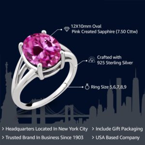 Gem Stone King 925 Sterling Silver Pink Created Sapphire Ring For Women (7.50 Cttw, Gemstone September Birthstone, Oval 12X10MM, Available In Size 5,6,7,8,9)