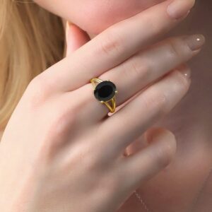 Gem Stone King 18K Yellow Gold Plated Silver Black Onyx Ring For Women (4.00 Cttw, Gemstone December Birthstone, Oval 12X10MM, Available In Size 5,6,7,8,9)